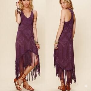 Free People WE THE FREE Mauna Loa Fringe Dress Purple Size M Boho Cotton Blend